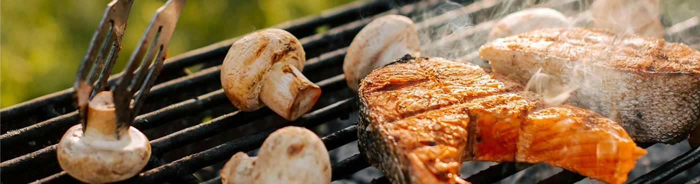 Healthy foods cooking on a grill